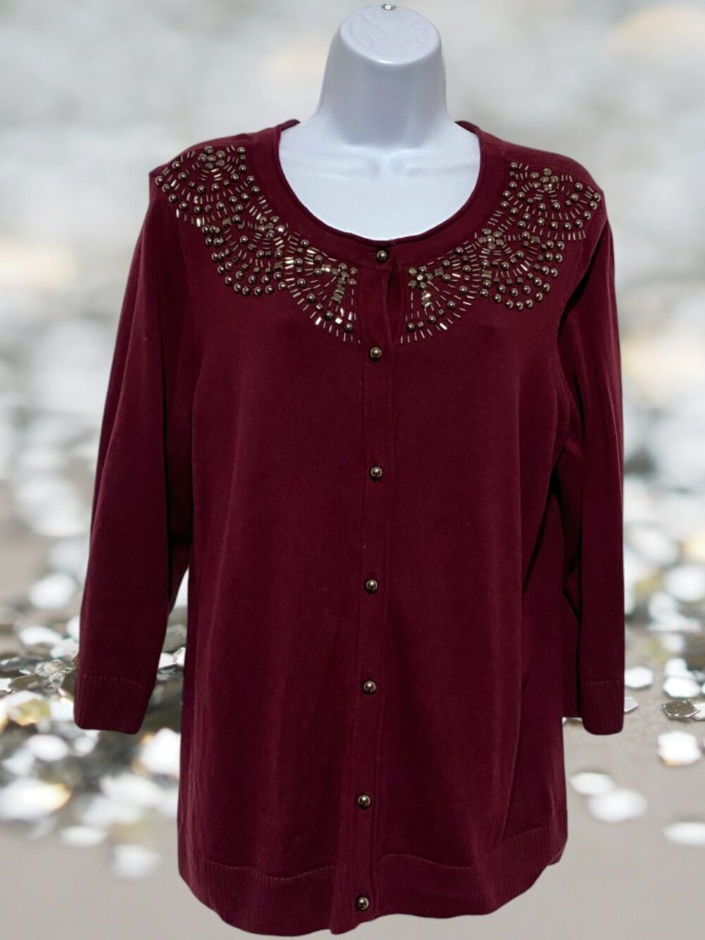 Christopher & Banks-Women's XL Button Sweater Beautiful Beaded Neckline-Cotton